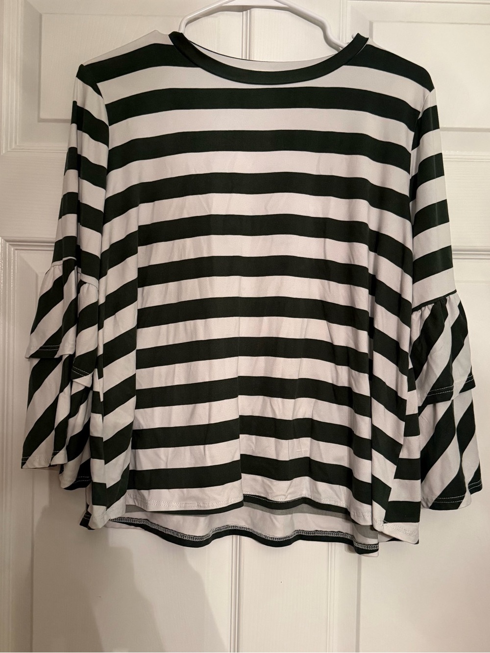 Striped Long-Sleeve Bell Sleeve Top - Green & White